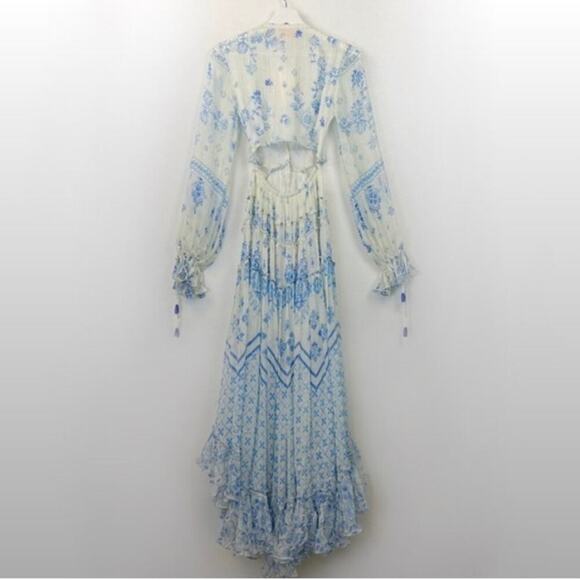 NWT Rococo Sand Leas Long Floral Cutout Maxi Dress White Blue Metallic - Picture 6 of 14